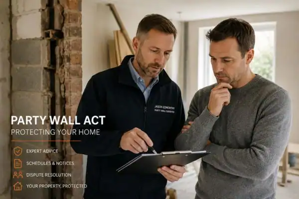 Party wall surveyor Raunds discussing extension plans with homeowner outside a UK semi-detached house.